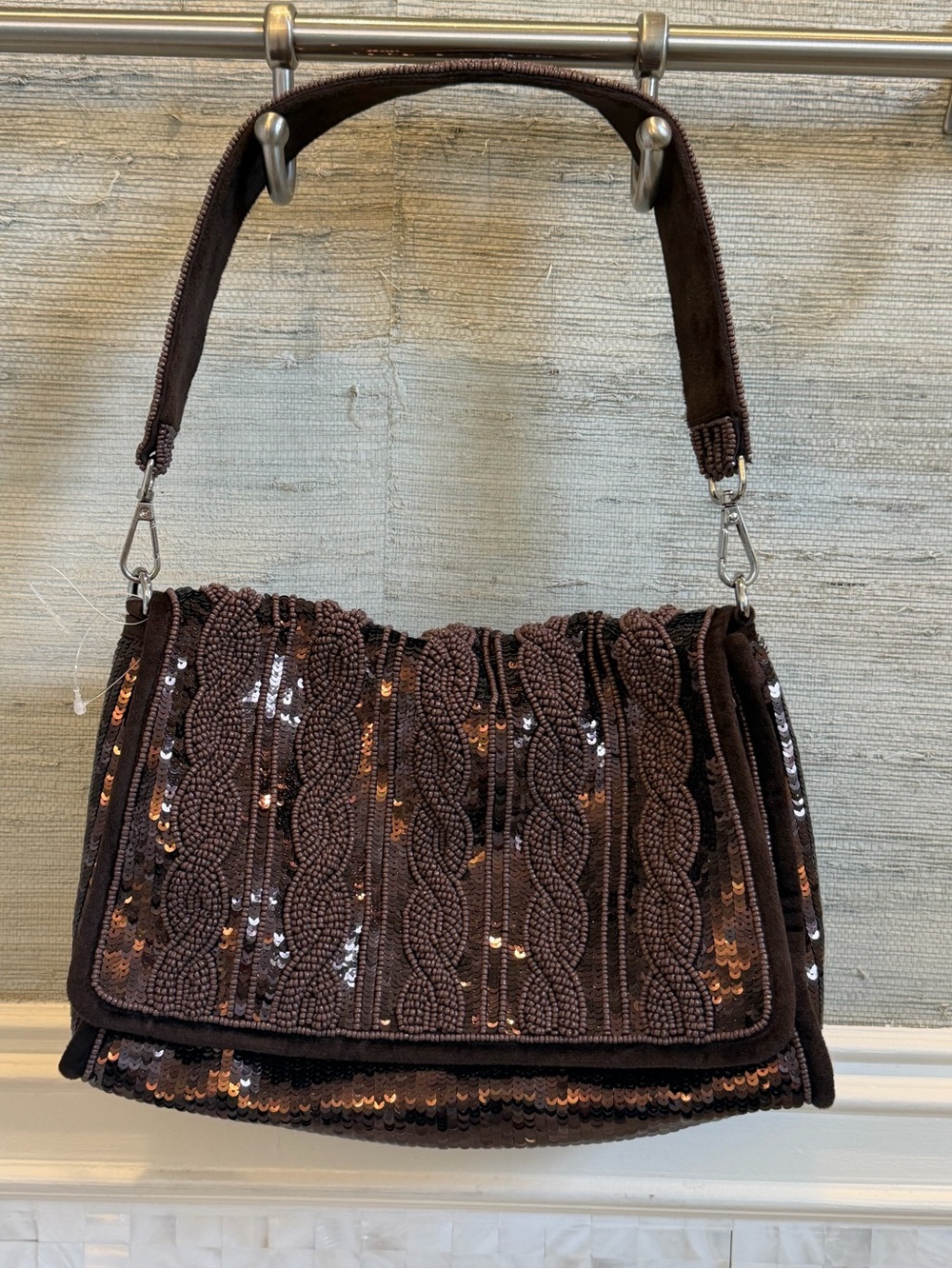 New Anthropologie Audra beaded sequin cable knit shoulder bag brown